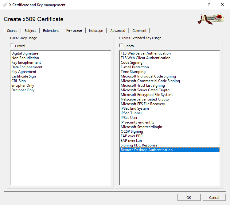 xca: Remote Desktop Authentication EKU